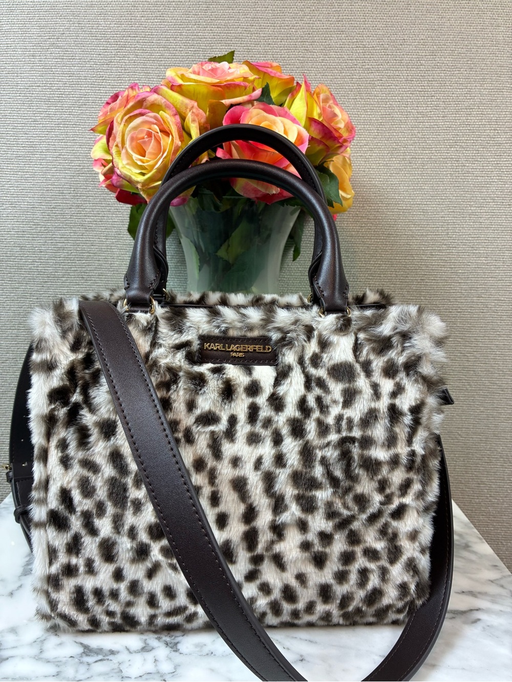Karl Lagerfeld Snow Leopard Faux Fur & Brown Leather Satchel Bag - NWOT